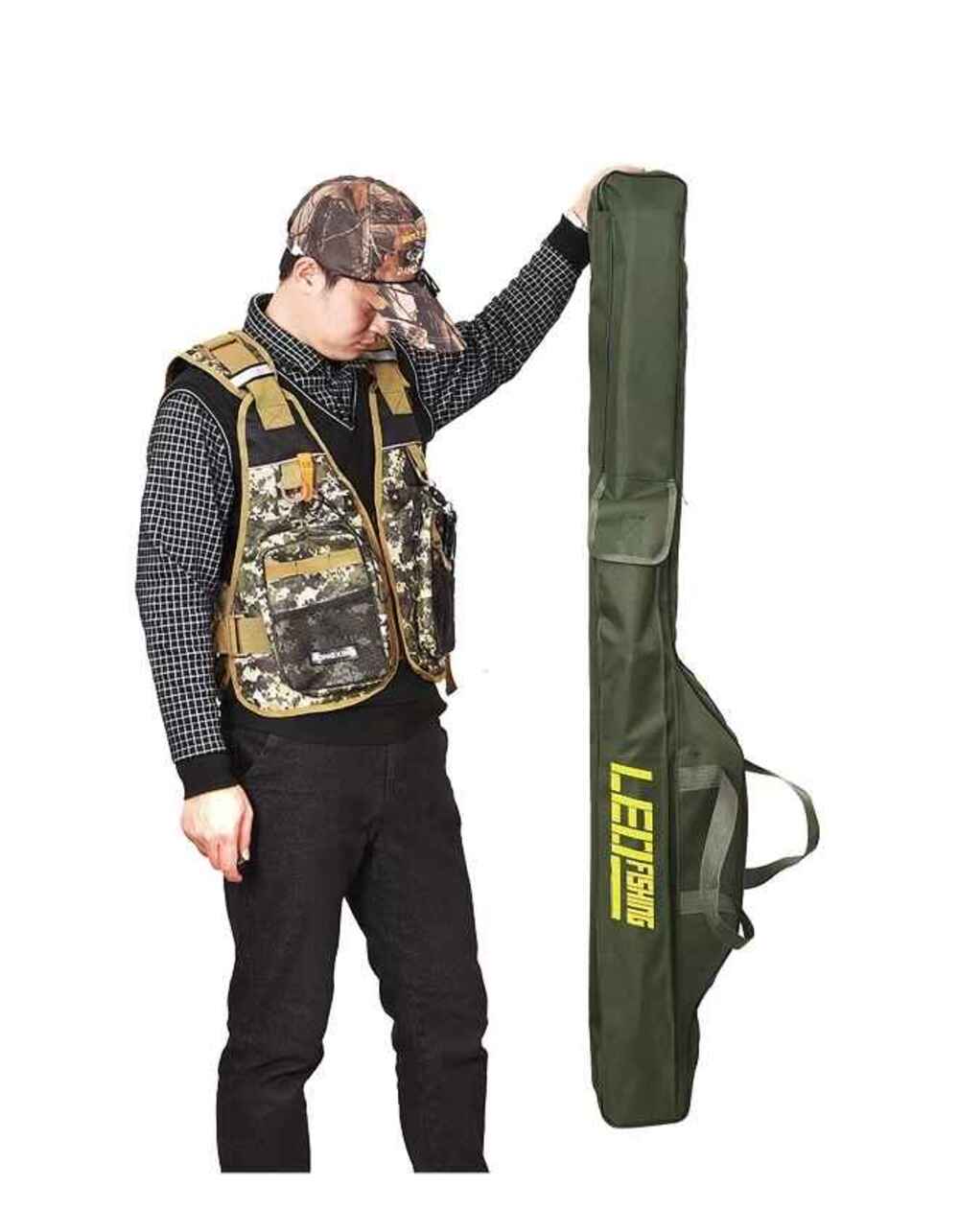 LEO 150cm 3-Layer Foldable Fishing Rod Bag Case Green
